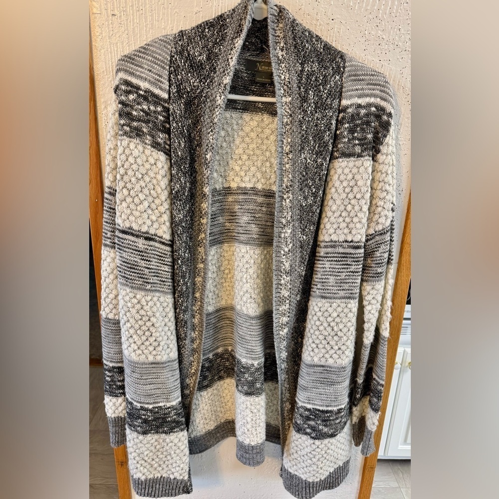 Natural Reflections Gray and Cream Textured Knit Cardigan